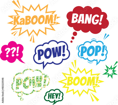 comic style speech bubble set with colorful sound effect expressions for action surprise and emotion