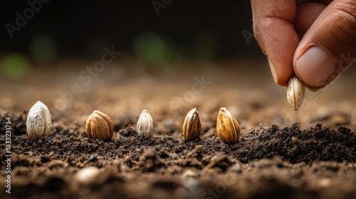 A human hand gently places a seed into rich soil next to a row of planted seeds