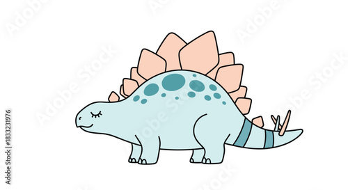 Adorable smiling stegosaurus dinosaur with pink plates and a striped tail in a cute and simple cartoon illustration.