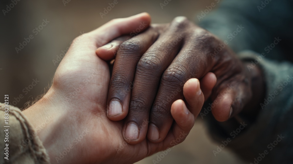 Fototapeta premium Close up of diverse hands holding signifying unity support and connection across different skin tones