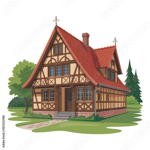 A charming half-timbered house with a red tile roof stands in a grassy yard.
