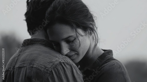 Black and white close up of a woman embracing a man with eyes closed in a moment of tenderness