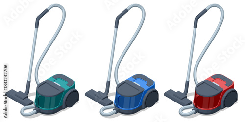 Isometric illustration of three vacuum cleaners in different colors. Household cleaning equipment concept for hygiene, maintenance, and home appliance themes.