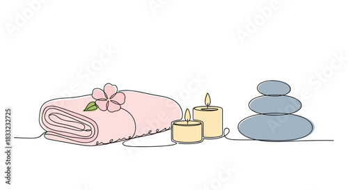 Spa and wellness concept with a folded towel lit candles and stacked zen stones in a continuous one-line drawing.