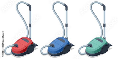 Isometric illustration of three vacuum cleaners in different colors. Household cleaning equipment concept for hygiene, maintenance, and home appliance themes.