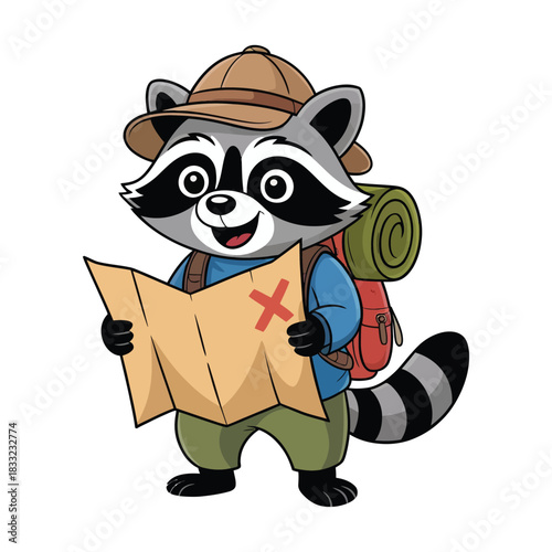 A cute raccoon explorer wearing a hat and backpack is studying a treasure map.