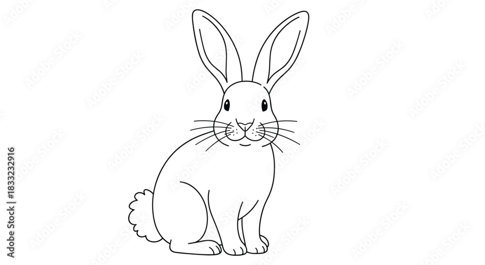 Obraz premium Simple black and white line art drawing of a cute rabbit sitting upright on a plain white background for coloring or design.