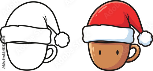 Cute Cartoon Coffee Mug with Santa Hat Vector, Outline and Color Christmas Holiday Drink Icon