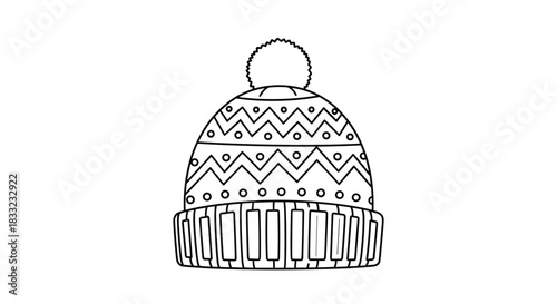 Detailed black and white line art illustration of a cozy winter beanie with a pom-pom and geometric patterns for coloring.