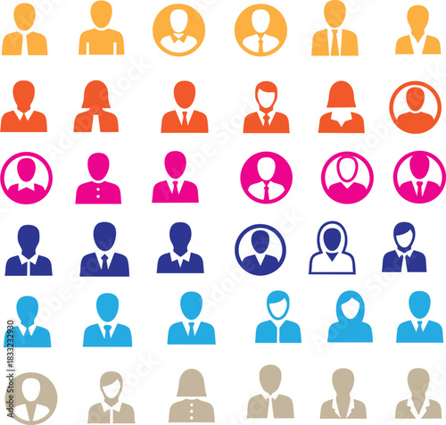 diverse professional icon grid showing simplified human figures in colorful attire and organizational roles