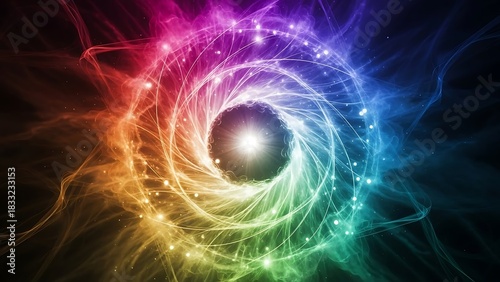 Vibrant Abstract Swirl with Central Light Burst and Rainbow Hues.