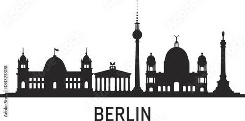 Berlin skyline silhouette featuring iconic landmarks such as Brandenburg Gate TV Tower cathedral and monuments perfect for travel design projects