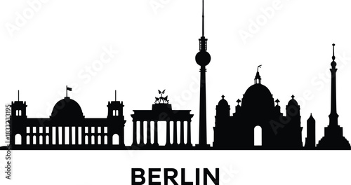 Berlin skyline silhouette featuring iconic landmarks such as Brandenburg Gate TV Tower cathedral and monuments perfect for travel design projects