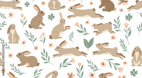 Seamless repeating pattern animation featuring cute brown bunnies in various poses among pastel flowers and green leaves for Easter.