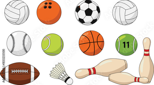 Set of various sports balls and equipment including football basketball tennis soccer volleyball bowling and badminton in colorful vector illustration