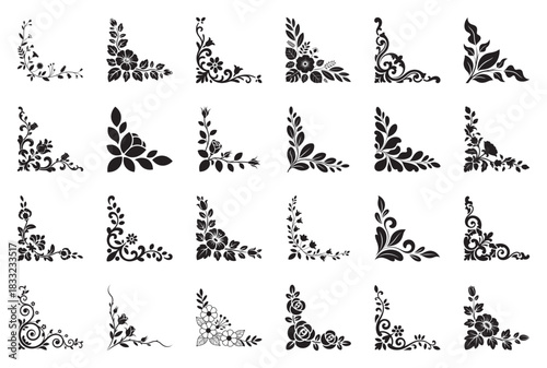 Collection of decorative floral corner elements for design and decoration