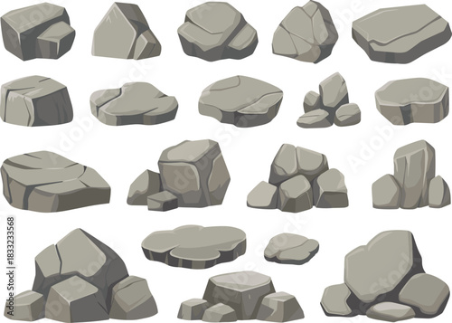 Cartoon gray rocks and stone collection, isolated boulders, natural rock shapes, landscape elements, game assets, decorative illustration set