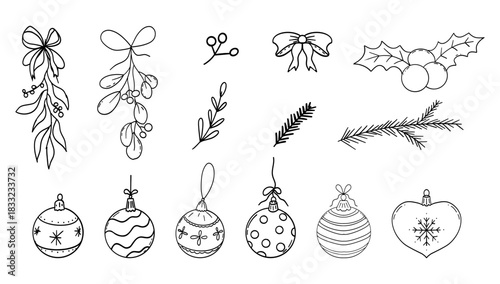 Christmas ball, isolated baubles with ornaments doodle set. Festive bows, mistletoe crayon or chalk drawing, sketch.