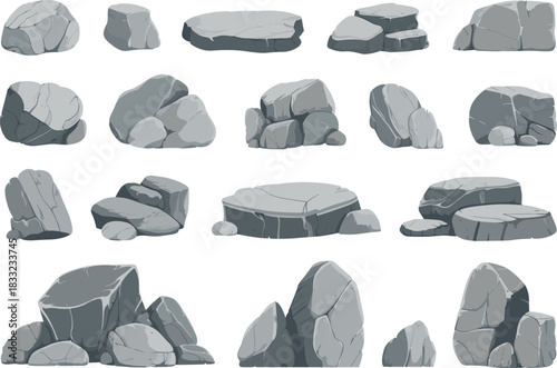 Cartoon gray rocks and stone collection, isolated boulders, natural rock shapes, landscape elements, game assets, decorative illustration set