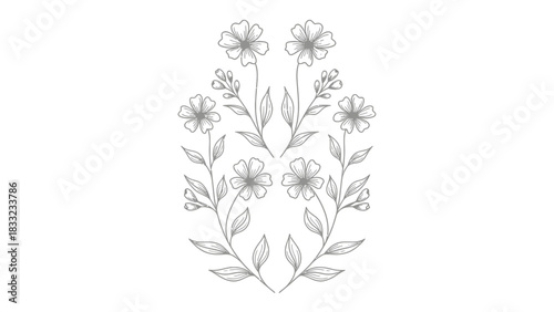 Symmetrical floral illustration with delicate flowers and leaves, rendered in a classic sketch style.