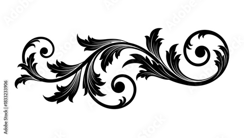 A black ornamental flourish with swirling leaves and curls on a white background.