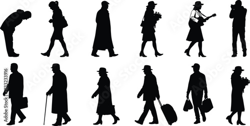 Silhouette collection of walking people, travelers, photographer, musician, and florist carrying flowers, urban lifestyle figures for design, illustration, and graphics