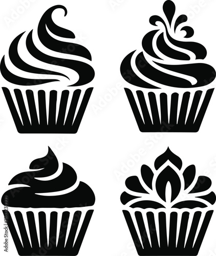 Four Black and White Cupcake Silhouettes