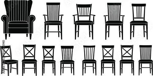 Silhouette furniture chair collection with armchairs and dining chairs, modern classic seating set, black vector chair icons for interior design