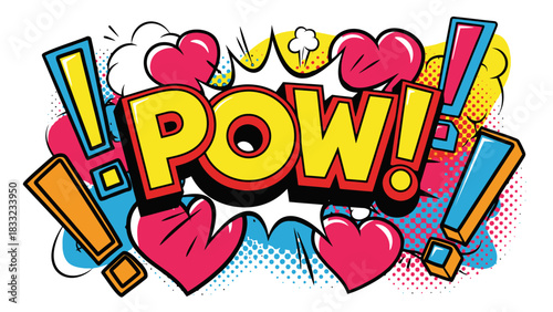 A vibrant comic book style illustration featuring the word "POW!" in bold yellow letters with a red outline, surrounded by colorful abstract shapes, hearts, and exclamation marks.