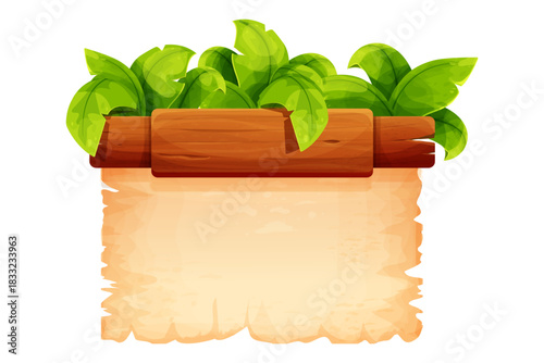 Wood plank. with parchment paper old empty frame, sign, game interface ui menu or map. Signboard, boarder panel. Ancient scroll wooden board