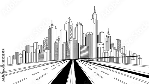 A striking black and white illustration of a modern cityscape with a highway leading directly towards the towering skyscrapers.