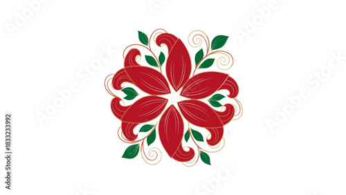 A vibrant red stylized flower with green leaves and intricate golden swirls arranged in a symmetrical, decorative pattern on a white background.