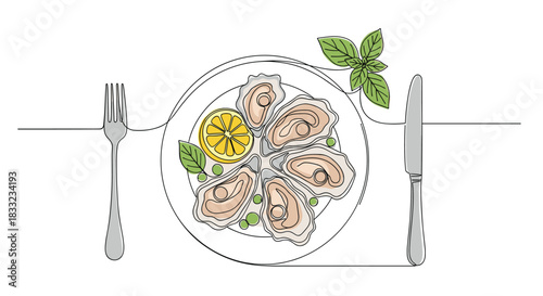 Continuous line art drawing of a gourmet dish of fresh oysters on a plate with a lemon slice and basil garnish.