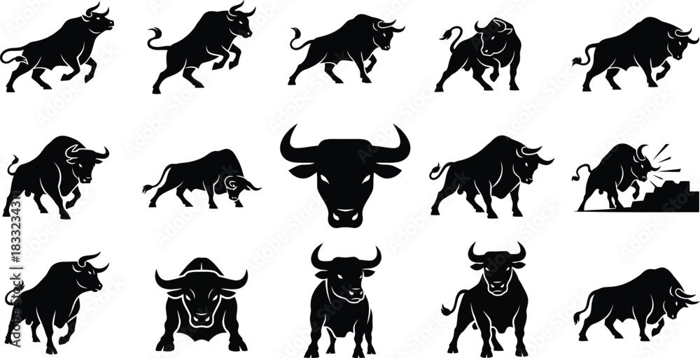 Naklejka premium Set of black bull silhouettes in various poses on white background