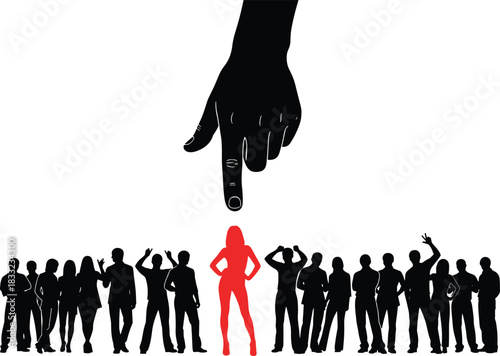 Selection concept silhouette, standout figure, individuality theme, leadership choice, recognition moment, black icon, minimal design, social commentary, flat vector