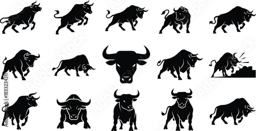Set of black bull silhouettes in various poses on white background