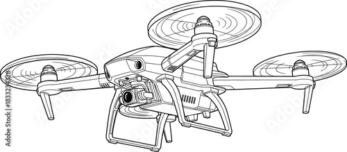 High-tech quadcopter drone with camera in flight, aerial photography UAV, modern unmanned aircraft for surveillance and videography