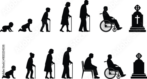Human life stages silhouette, aging process, birth to death, evolution timeline, black icon, minimal design, symbolic journey, flat vector