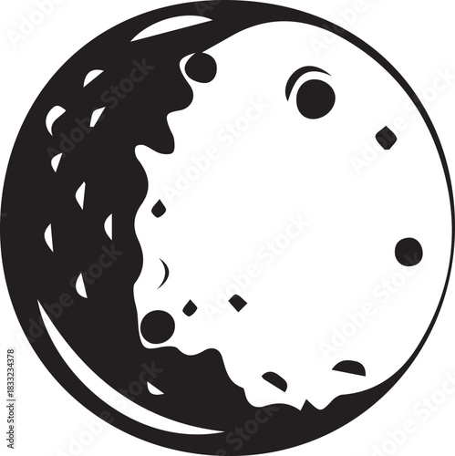Stylized black and white illustration of a planet with craters