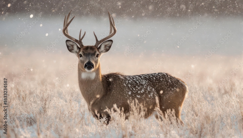 Obraz premium Majestic Buck Standing Tall in a Snowy Winter Landscape.