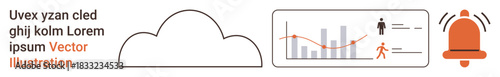 Cloud computing, data analytics, digital alerts, business security, technology infrastructure, online platforms. A cloud icon, a graph and person and a notification bell. Cloud computing and data