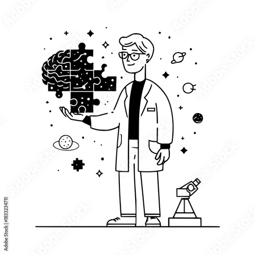 Scientist solving brain puzzle with space elements in background and microscope at the bottom right corner