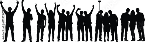 Group celebration silhouette, people together, raised arms, unity moment, social interaction, black icon, minimal design, selfie scene, flat vector