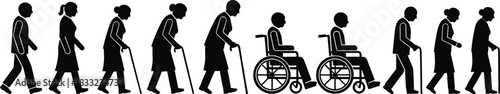 Human aging cycle silhouette, life stages, walking to wheelchair, recovery journey, black icon, minimal design, symbolic timeline, flat vector