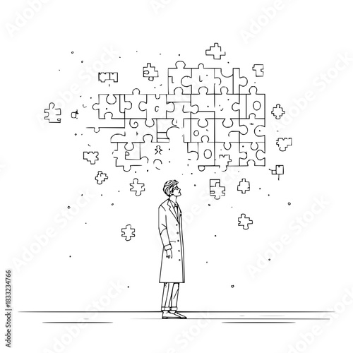 Man looking at puzzle pieces representing problem solving and mental challenges that are complex