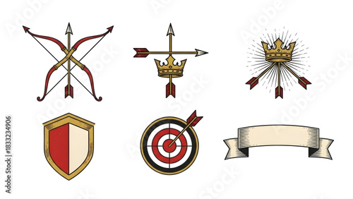 Collection of Heraldic Symbols and Icons Including Shield, Crown, Target, Bow and Arrow, and Ribbon Banner