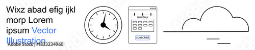 Time management, scheduling, cloud computing, technology, productivity tools, data synchronization. a clock, calendar interface and cloud icon. Time management and scheduling concept