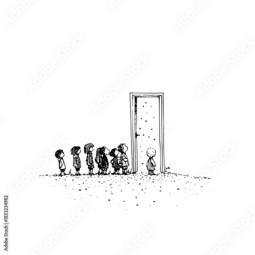 Children waiting outside a mysterious door with stars is a whimsical and curious illustration of childhood