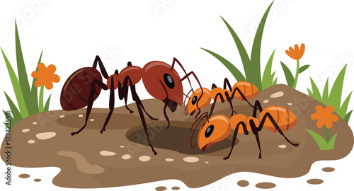Digital illustration of ants working near their nest entrance with soil, grass and flowers in a natural outdoor environment for education