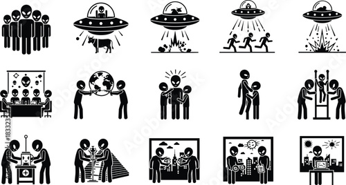 Alien and UFO icon set, extraterrestrial abduction scenes, science fiction illustration, stick figure aliens, space invasion concept, cartoon silhouette artwork